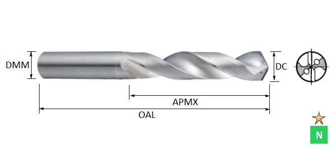 4.4mm 5xD ALU-XP Carbide Through Coolant Drill